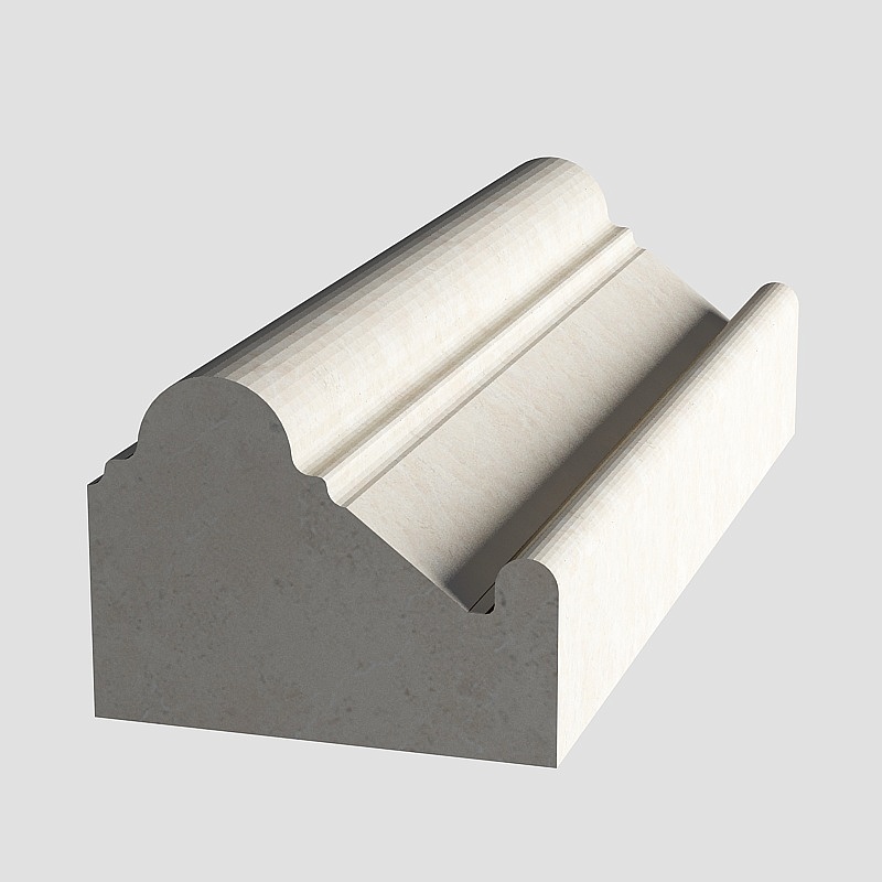White stone molding piece with curved edges and grooves on grey background