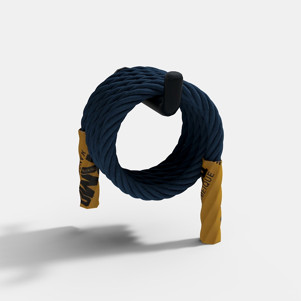 Blue jump rope with yellow handles hanging on black hook on white background