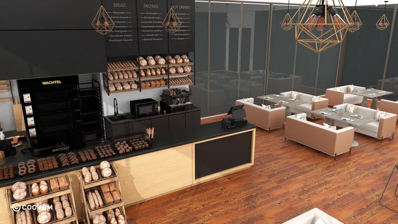 Bakery interior with wooden floor, bread on shelves, black counter, ceiling lights, and dining area