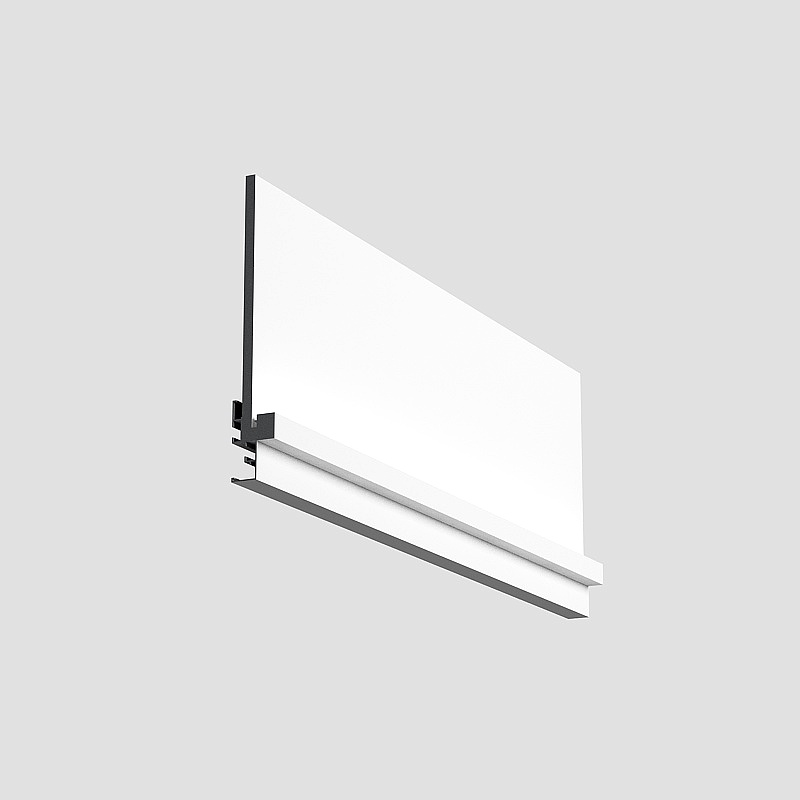 White rectangular glass panel with black metal frame and base on grey background