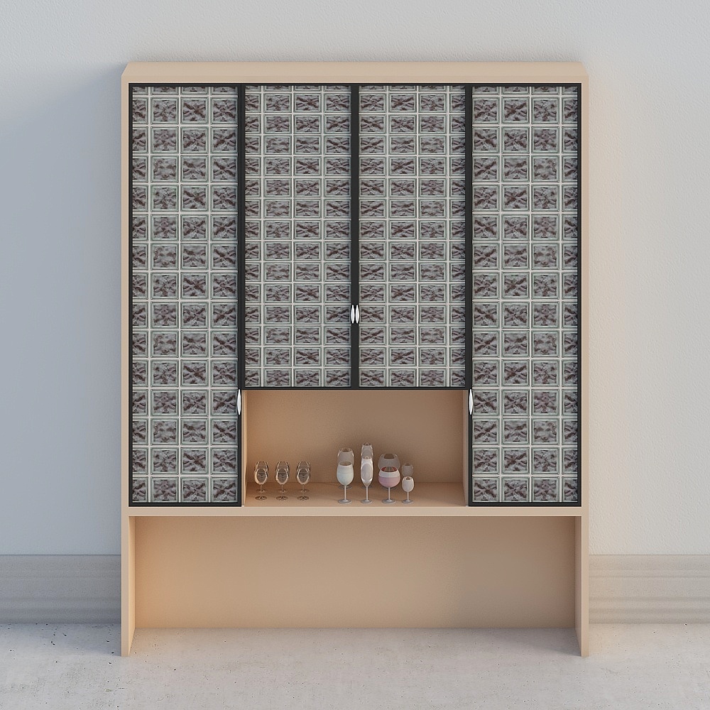 Modern beige cabinet with patterned glass doors and open shelf on white background