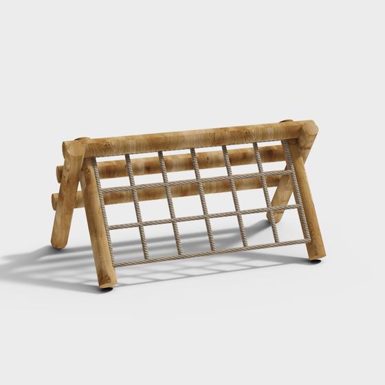 Modern wooden climbing frame with rope net grid for kids on white background