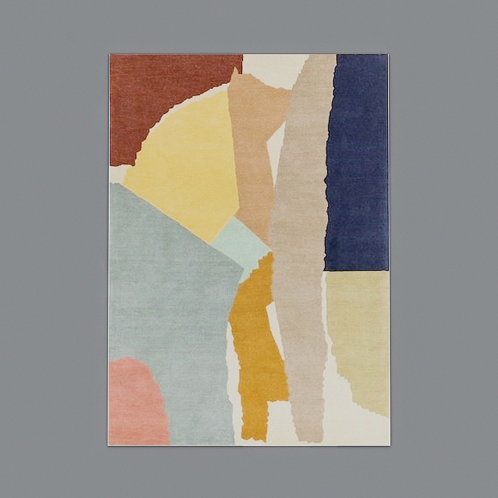 Abstract wall art print with colorful geometric shapes and textured paper look on grey background