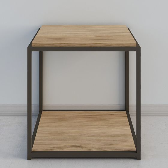 Modern square side table with light wood shelves and black metal frame on white background