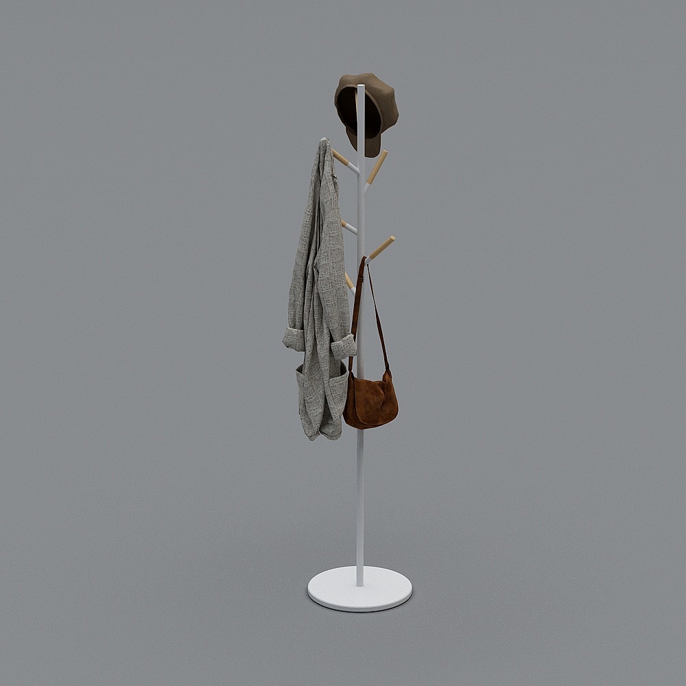 White coat rack with wooden pegs holding grey jacket brown bag and hat on grey background