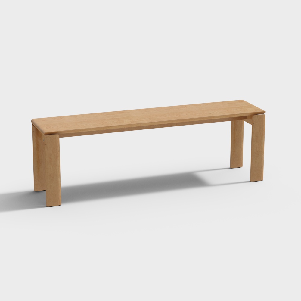 Modern long light wood bench with thick legs and simple design on white background