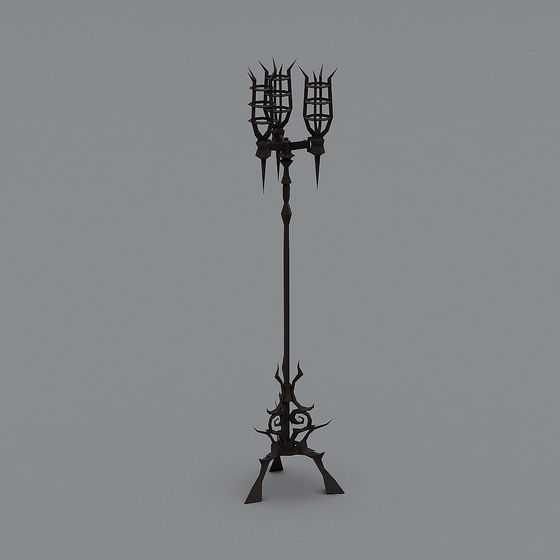 Black fantasy metal floor lamp with spiked cages and twisted base on grey background