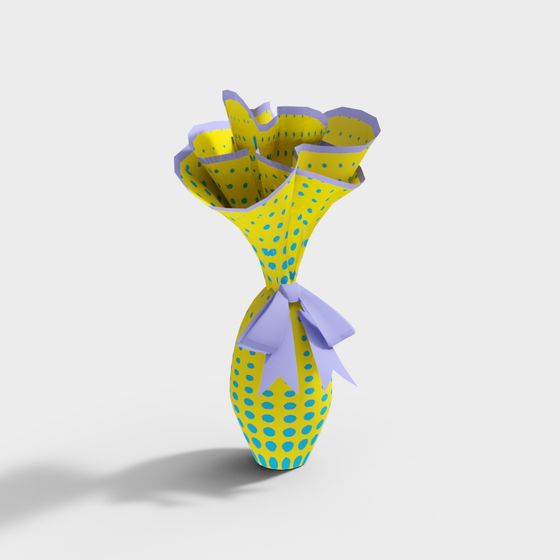 Yellow paper flower bouquet with blue dots and purple ribbon on white background