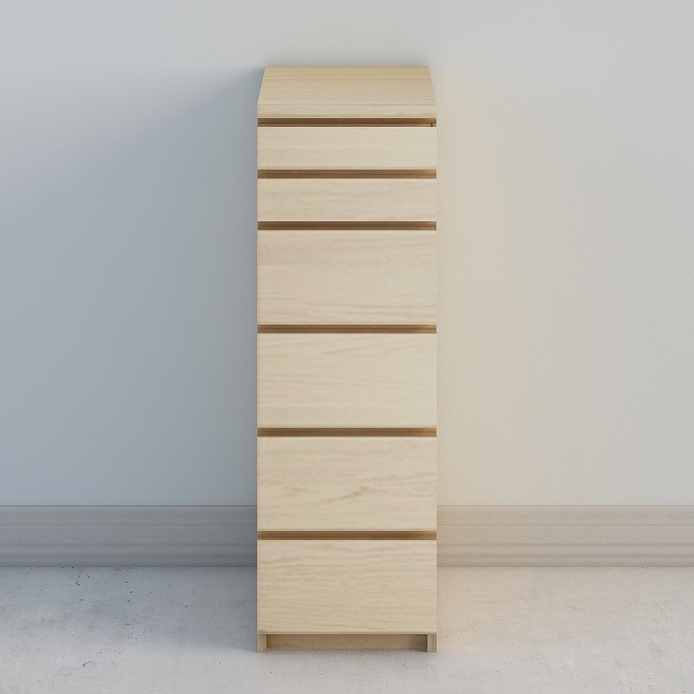 Tall light wood cabinet with six drawers and horizontal grooves on white background