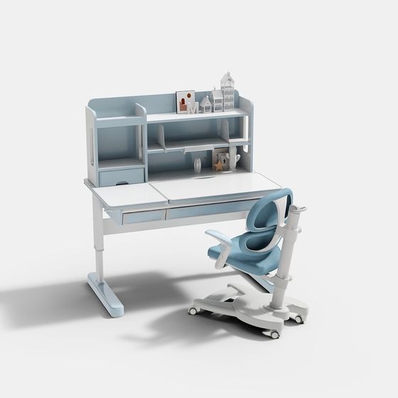 Children's Lifting Desk and Chair Set 3D Model in Gray
