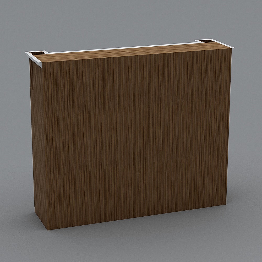 Modern dark brown wood cabinet with white top edge and two open slots on grey background