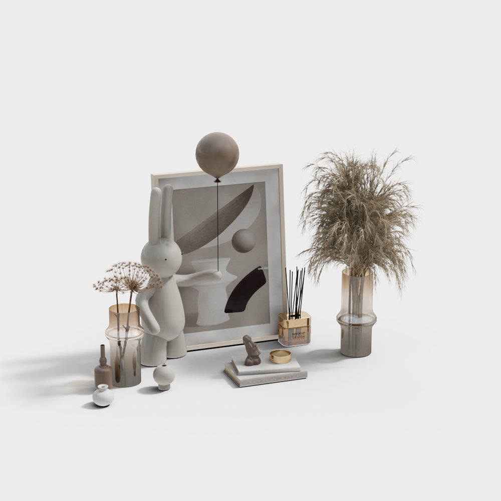Modern beige home decor set with rabbit statue and art frame on white background