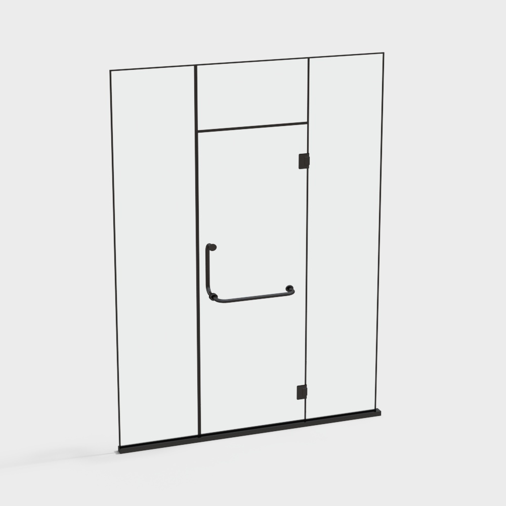 Modern black metal frame glass shower door with handle on white background