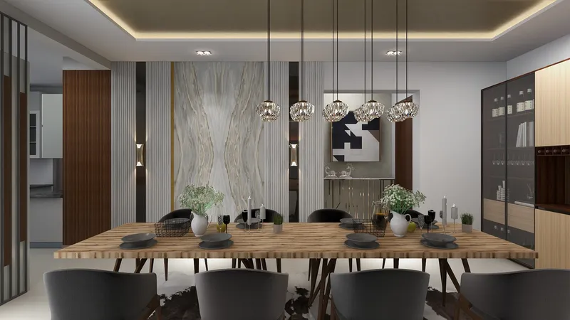 Modern dining room with long wooden table, grey chairs, crystal ceiling lights, and marble wall