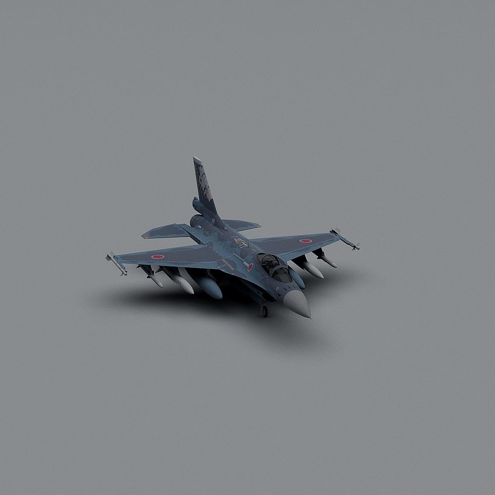 Blue fighter jet with red circles and missiles on grey background