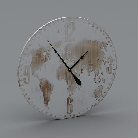 Round white wall clock with world map design and black hands on grey background