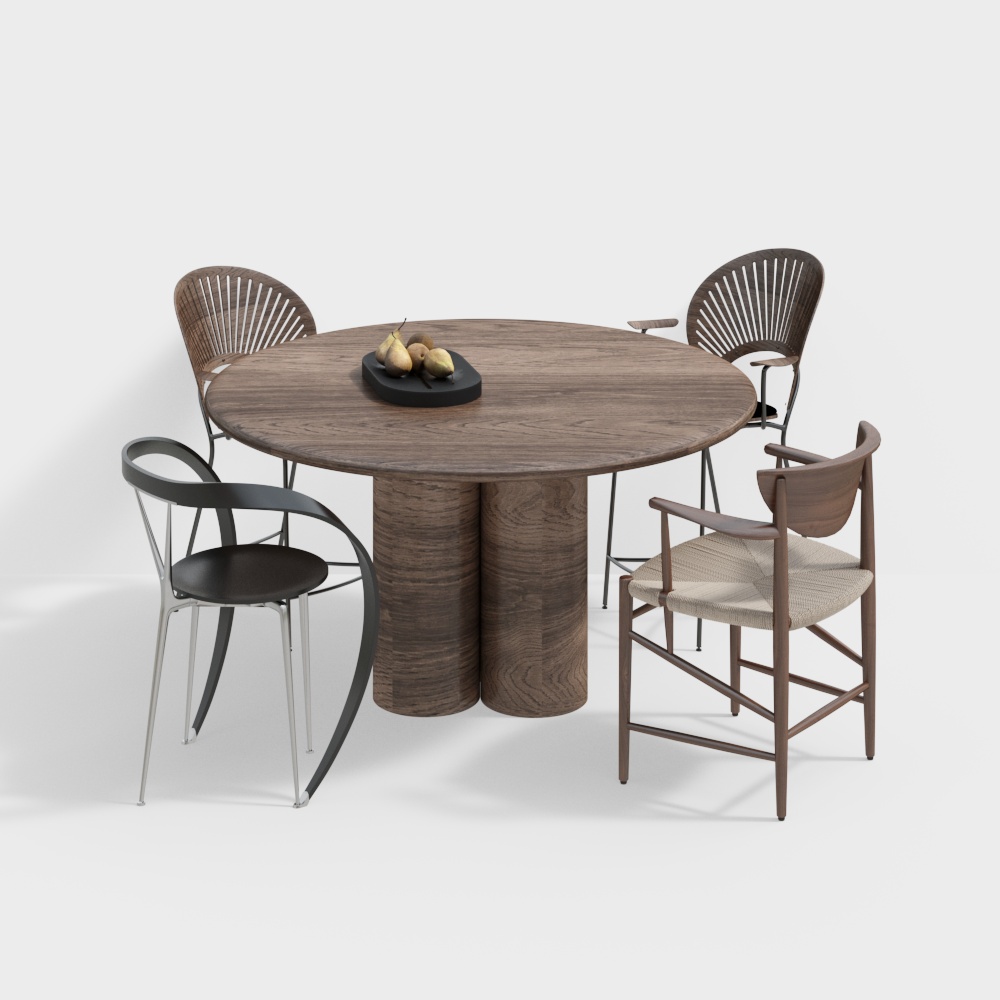 Round dark wood dining table with four mixed style chairs and fruit on white background