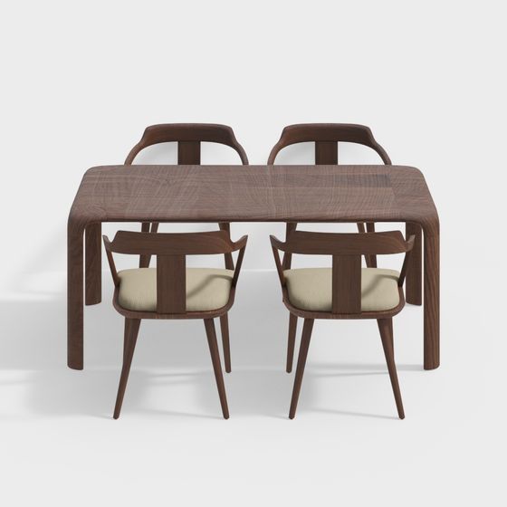 New Chinese Dining Table and Chair Combination 3D Model in Brown