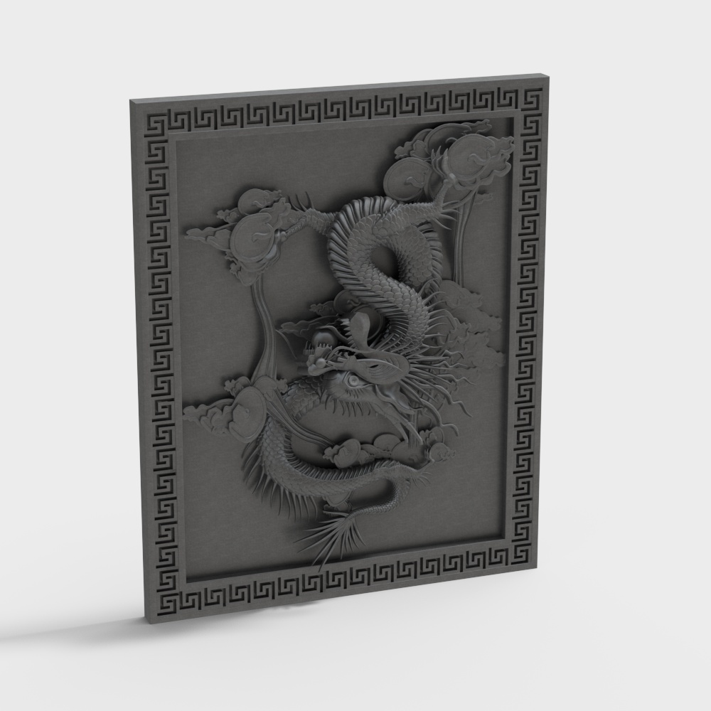 Grey decorative wall panel with carved dragon design and geometric border on white background