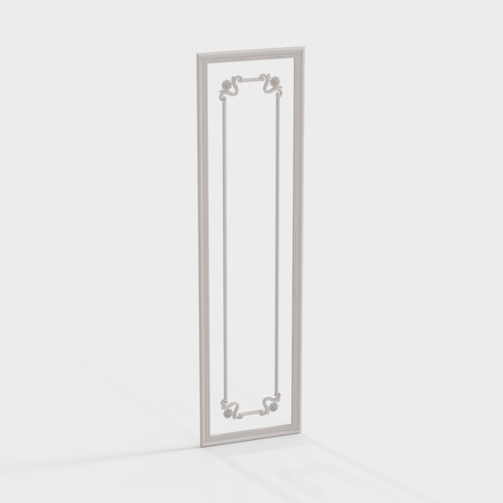Tall white wall panel with decorative flower corners on white background