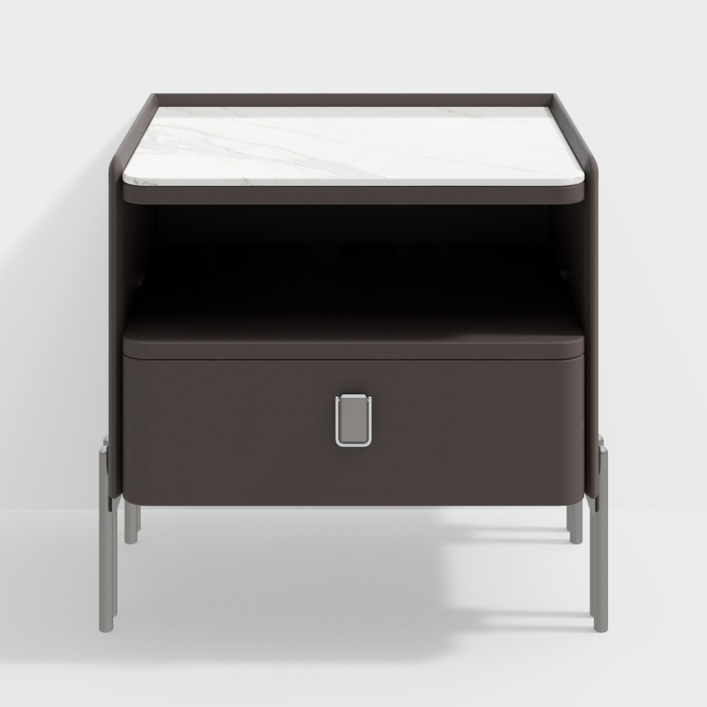 Modern Minimalist Bedside Table 3D Model – Marble & Wood