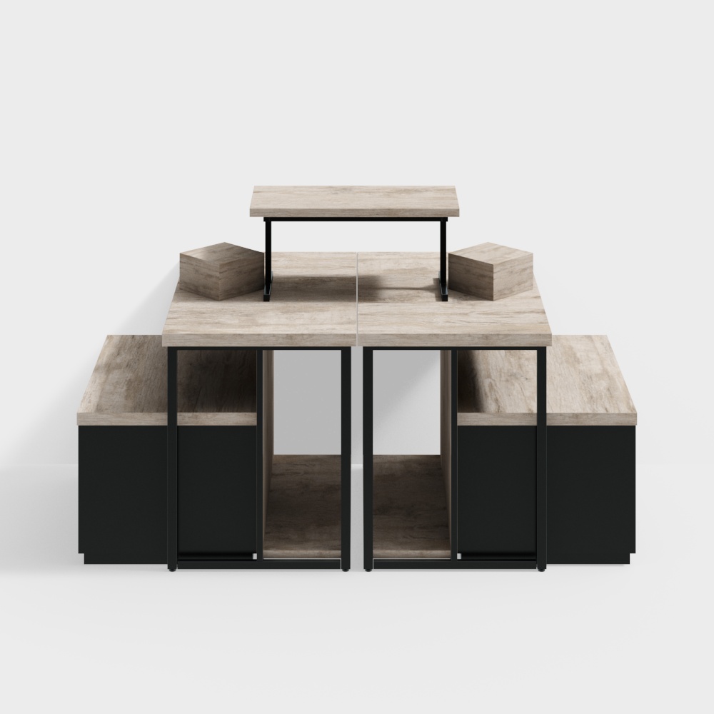 Modern light wood and black modular coffee table set with open shelves on white background