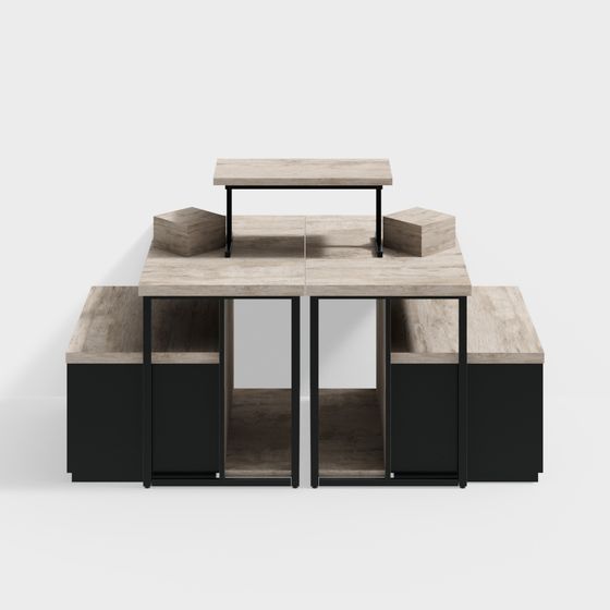 Modern light wood and black modular coffee table set with open shelves on white background