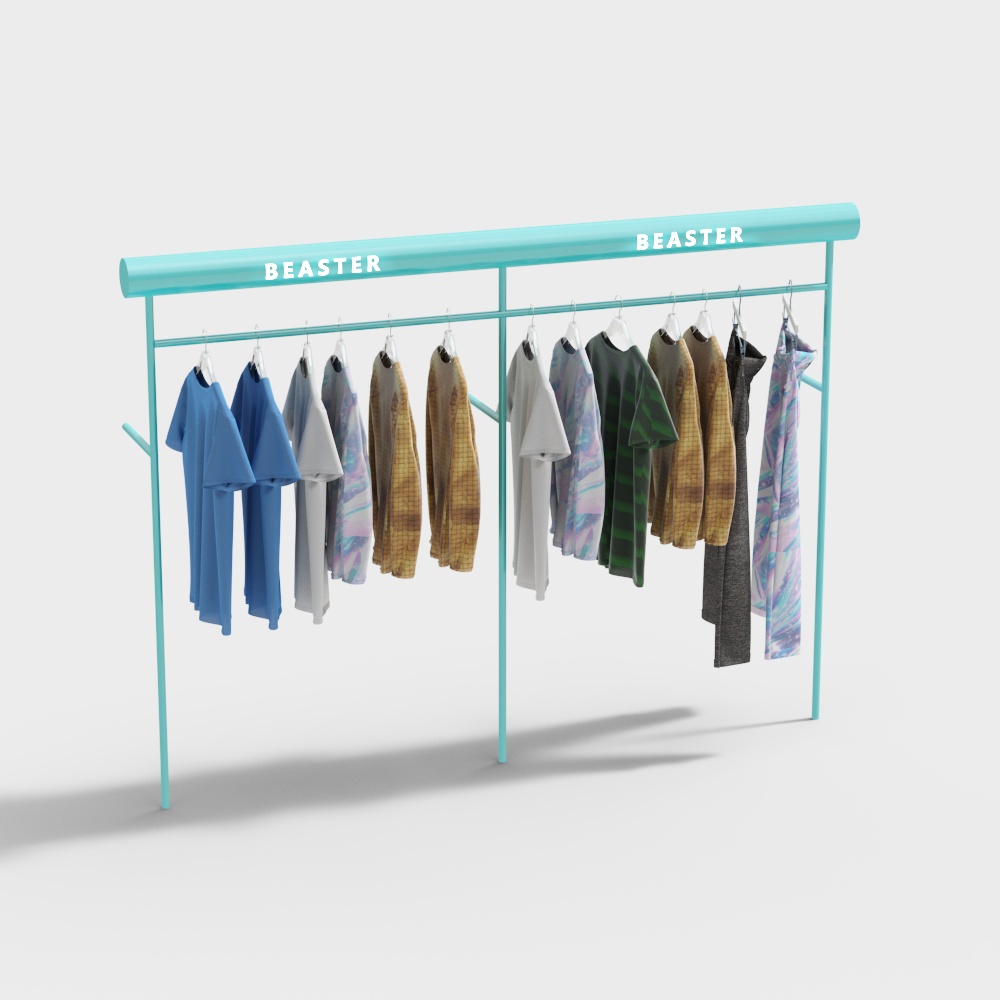Modern turquoise metal clothing rack with shirts on grey background