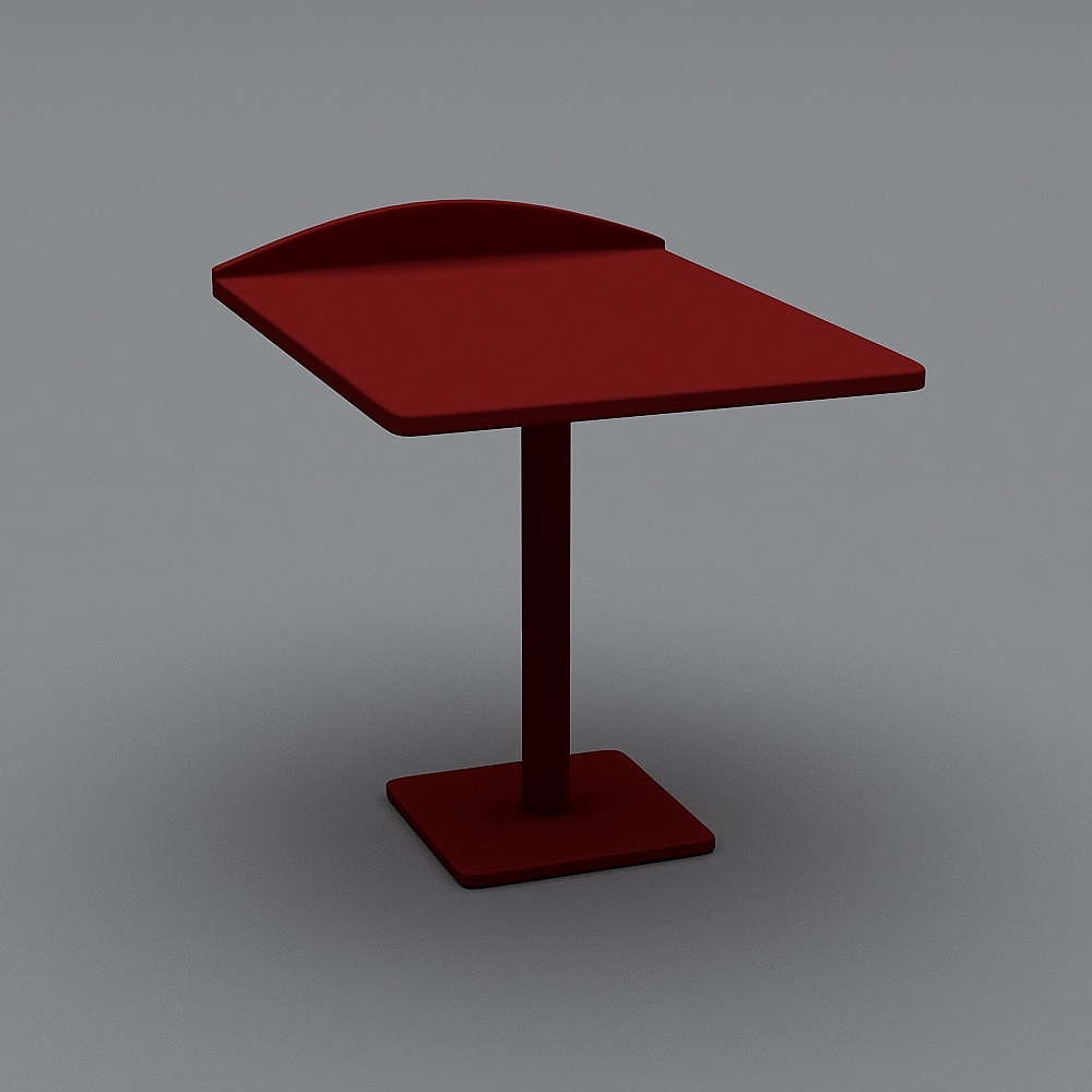 Modern red metal restaurant table with raised back edge and square base on grey background