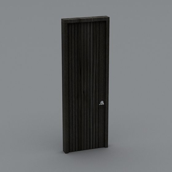Modern black wooden interior door with vertical grooves and silver handle on grey background