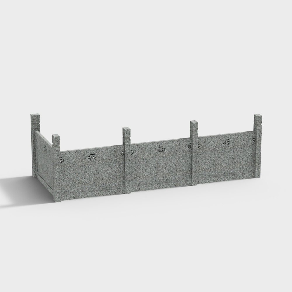 Grey stone railing with carved details and vertical posts on white background