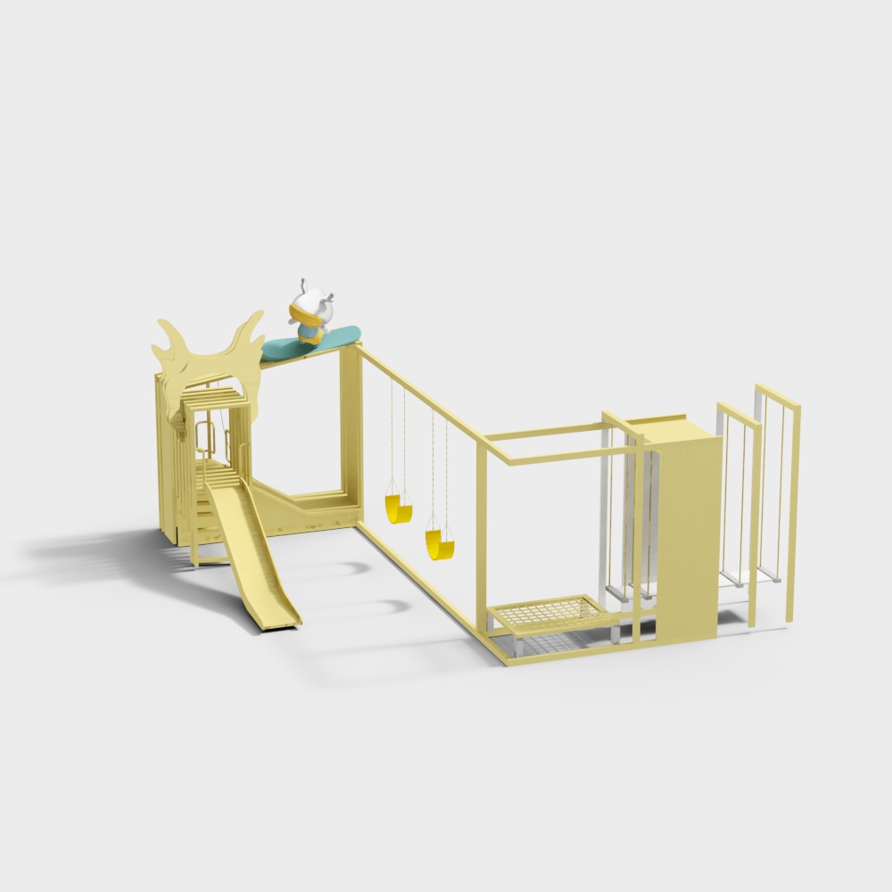Yellow children playground set with slide and swings on white background