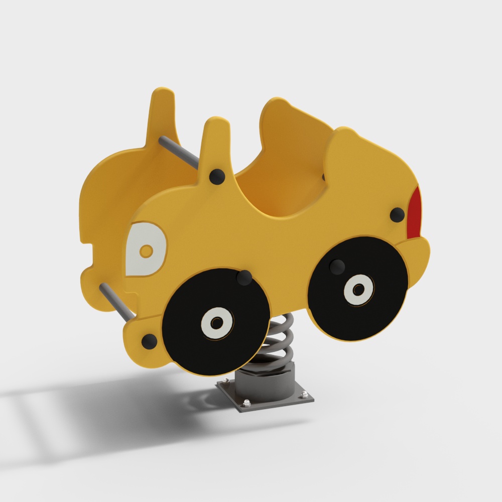 Yellow cartoon car spring rider with black wheels on white background