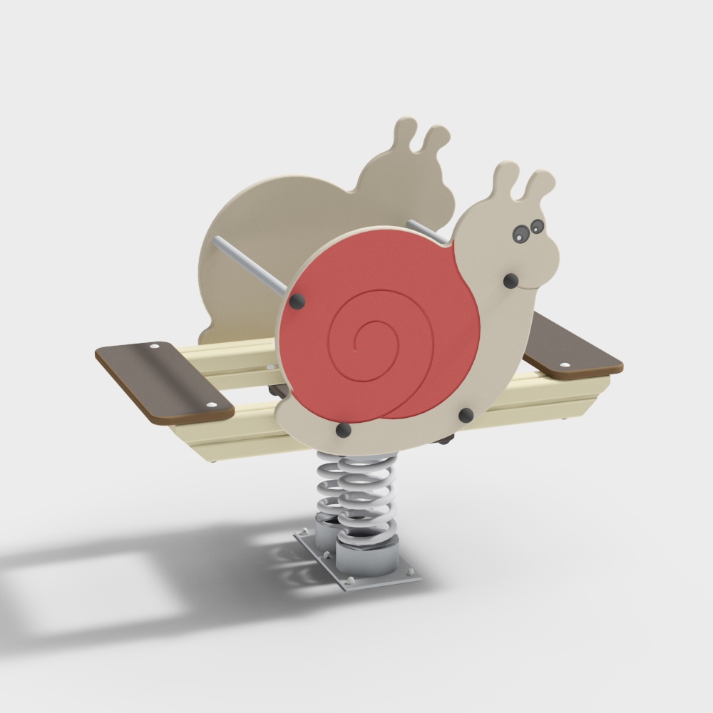 Playground snail spring rider with red shell and brown seats on white background