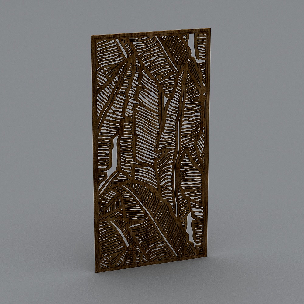 Dark brown wooden wall panel with carved tropical leaf pattern on grey background