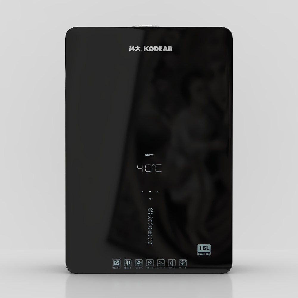 Modern black wall mounted water heater with digital display and touch controls on white background