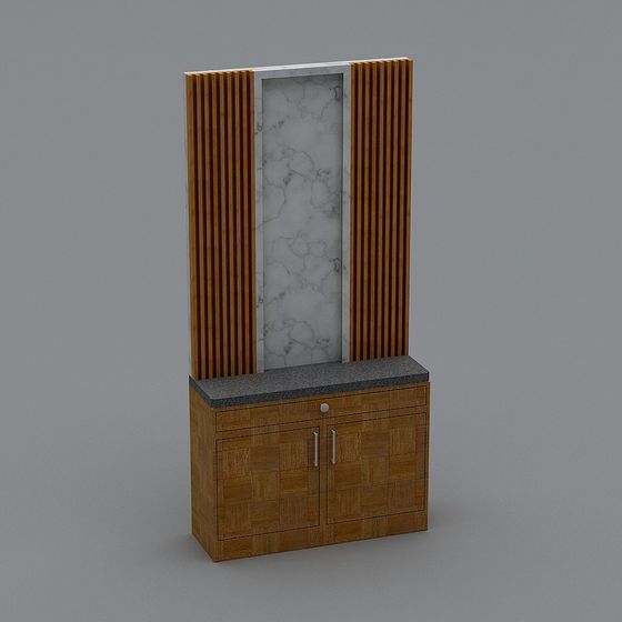 Modern wooden cabinet with grey stone top and marble wall panel on grey background