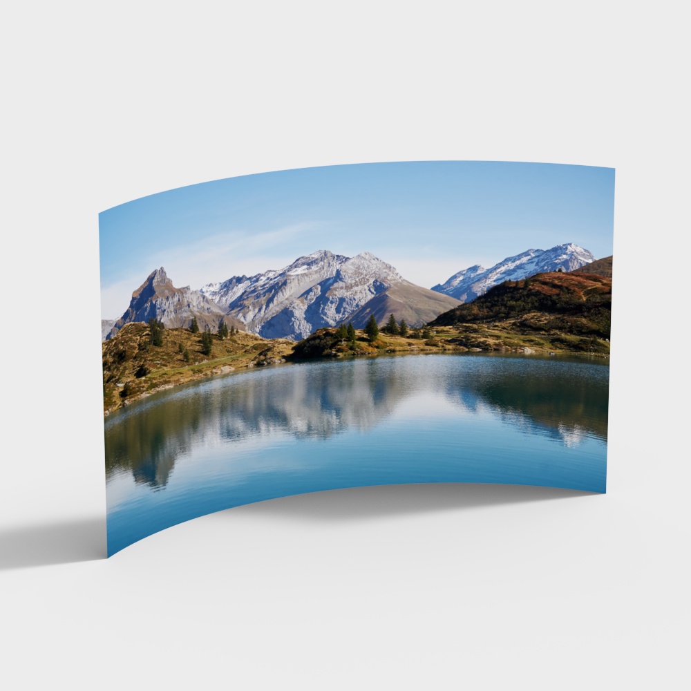 Curved wall mural with mountain lake view and blue sky on white background