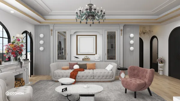 Living room with grey sofa pink chair ceiling light wall panels and marble coffee tables