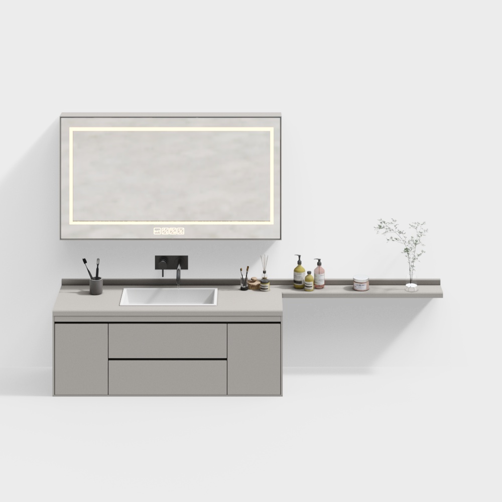 Minimalist Bathroom Cabinet 3D Model – Gray & Marble