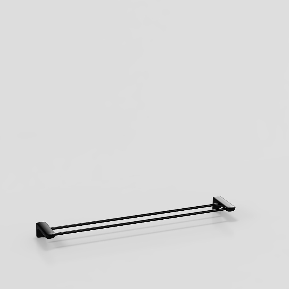 Modern black metal double towel rail with square wall mounts on grey background