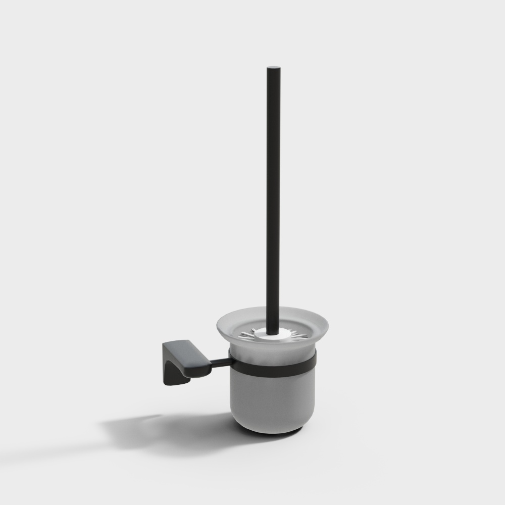 Modern black metal toilet brush with grey holder on white background