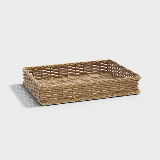 Rectangular light brown woven wicker storage basket with open top design on white background