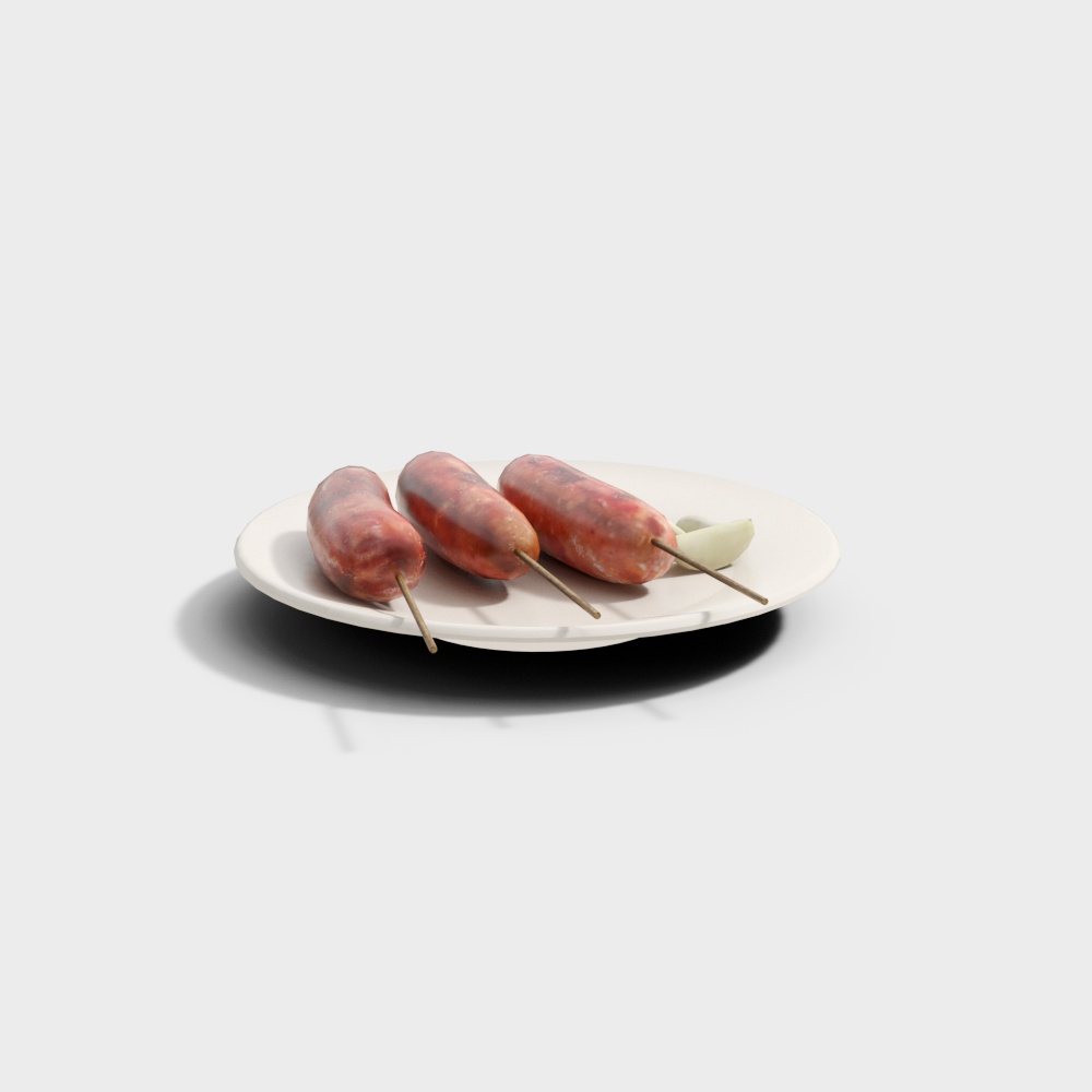 Three grilled sausages on wooden sticks with garlic clove on white plate on light grey background