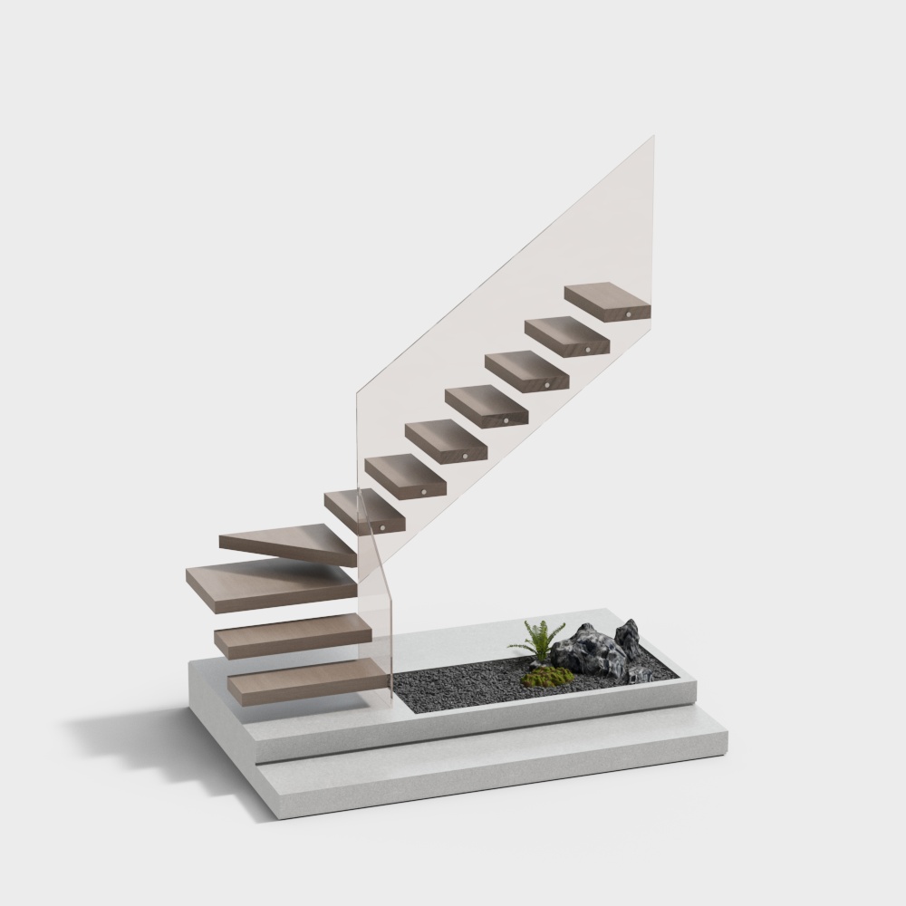Elegant Floating Staircase 3D Model – Low-Poly Wood Design