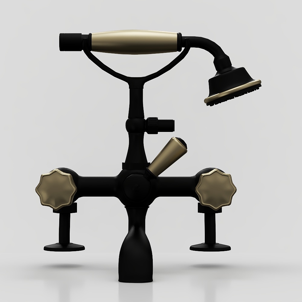 Black shower faucet with gold handles and shower head on grey background