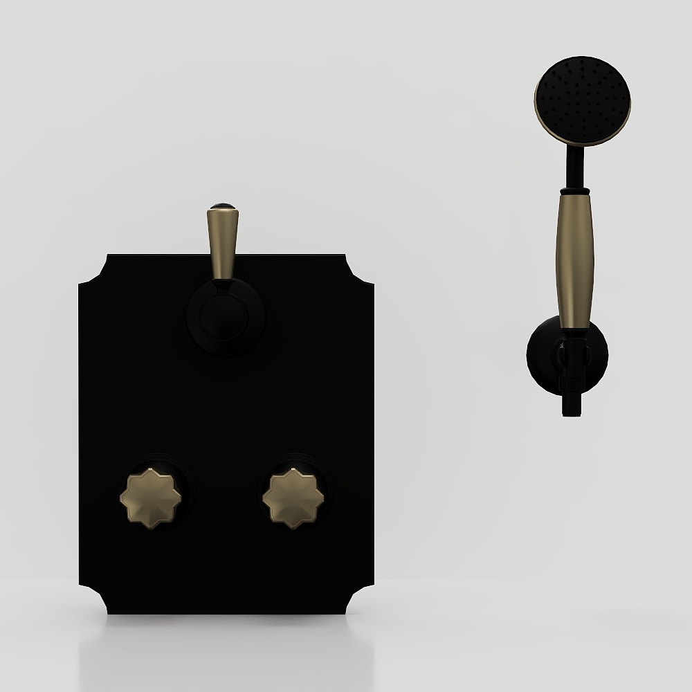 Modern black shower mixer with gold handles and shower head on grey background