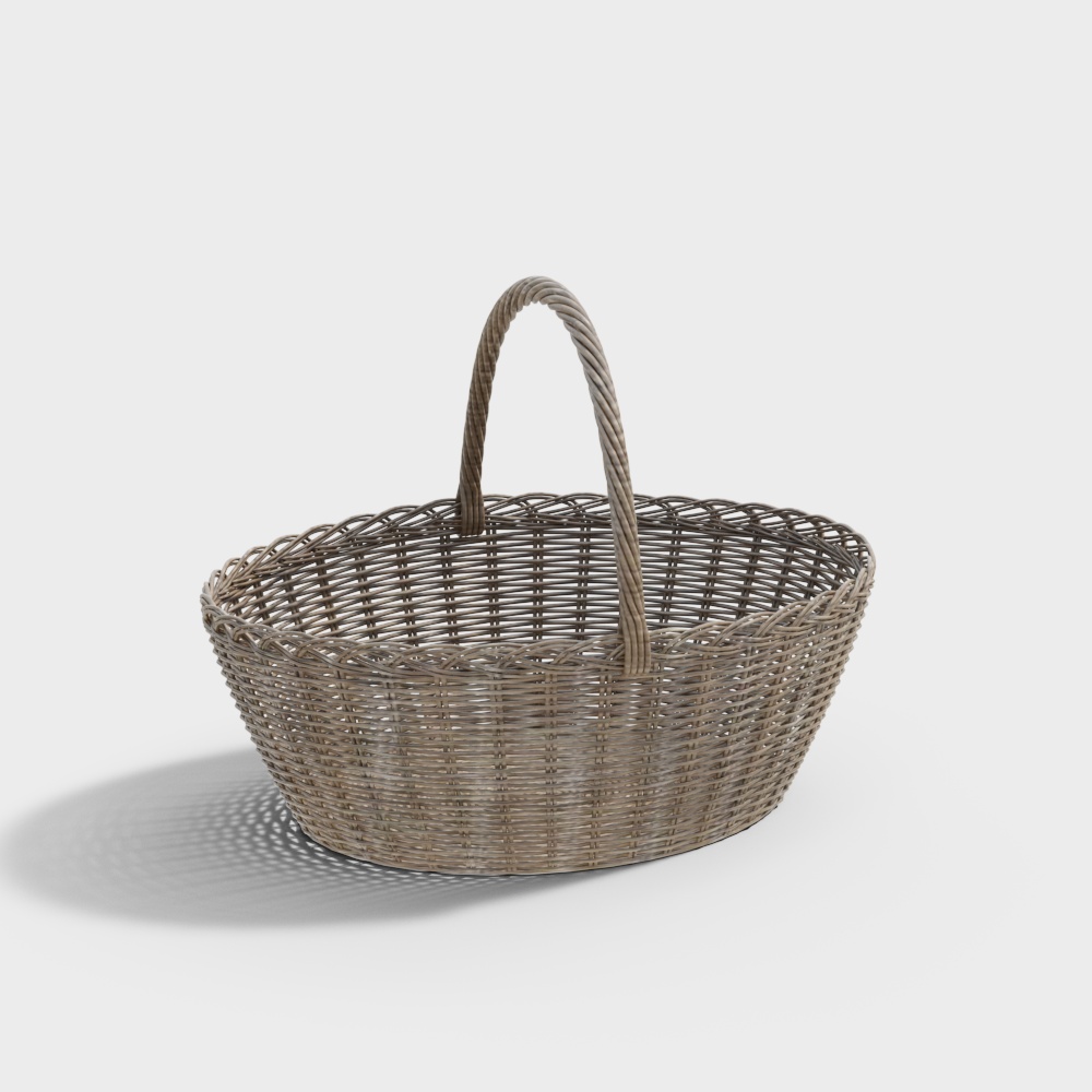 Rustic light brown wicker basket with twisted handle on white background