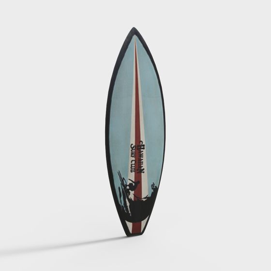 Vintage blue surfboard with red stripe and black graphic on white background