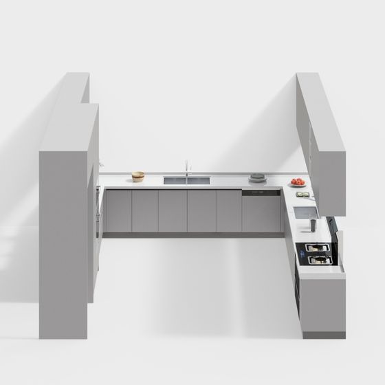 Modern U-Shaped Kitchen Cabinets 3D Model in Gray